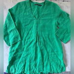 Gudrun Sjoden Green 100% Linen V-Neck Tunic with Pockets Size Small